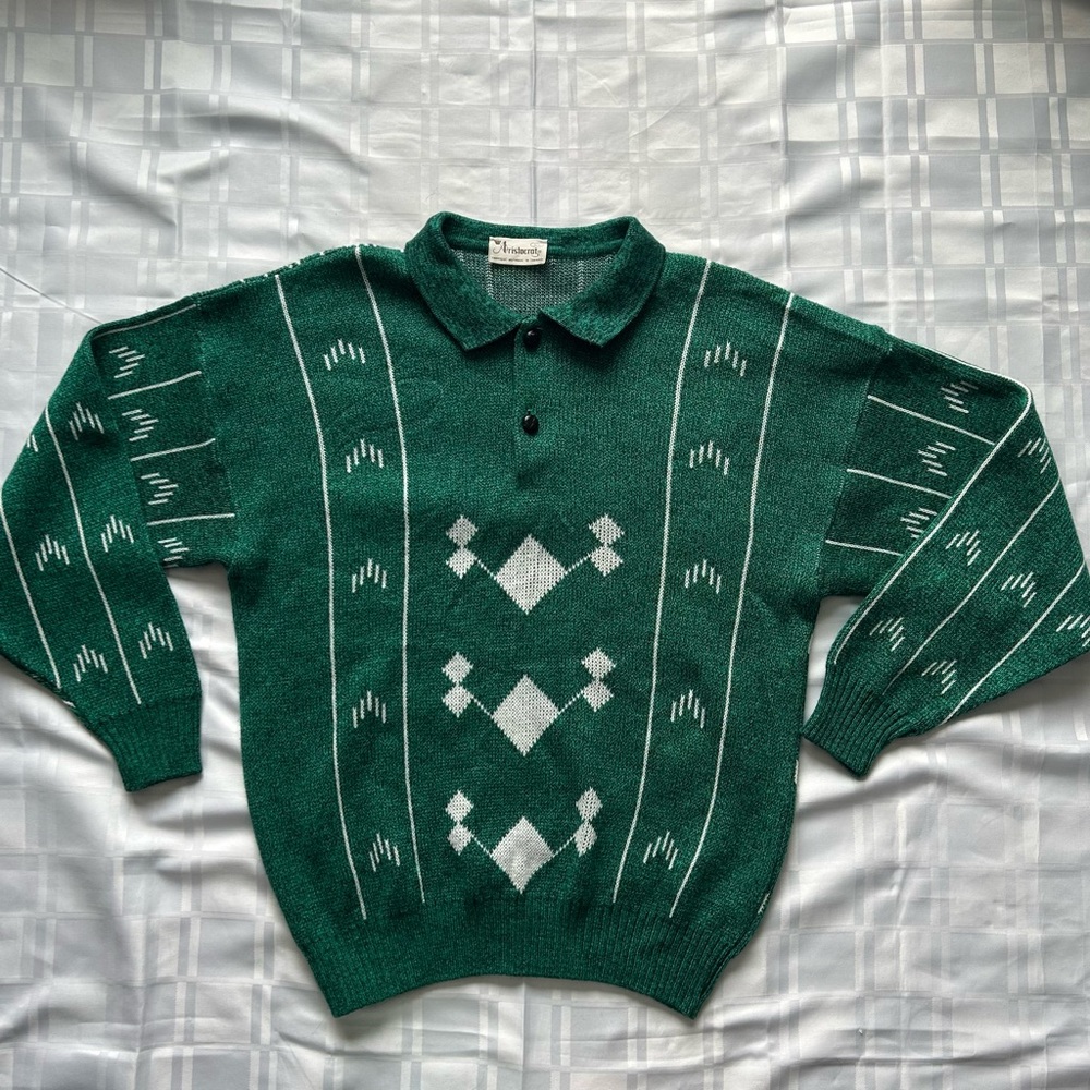 Vintage Forest Green Polo Sweater with Diamond Motif